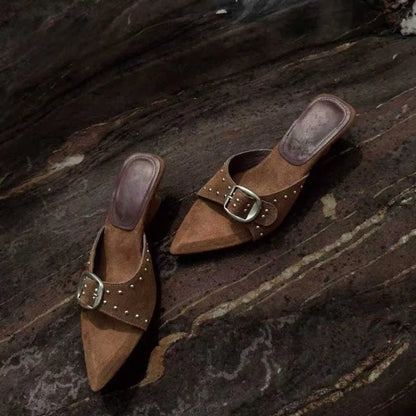 Retro Rivet Women's Pumps and Heels French Pointed Toe Strap Summer Luxury Women's Sandals Fashion Open-toed Wedge Shoe