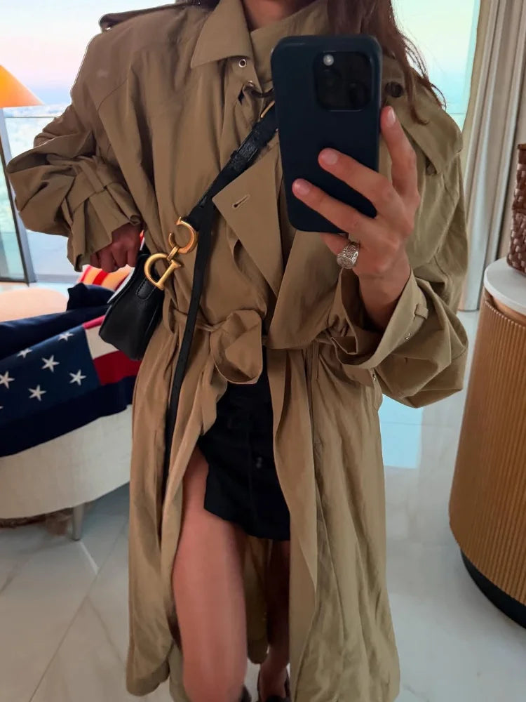 Women Solid Lace Up Windbreaker Fashion Long Sleeve Lapel Collar Loose Jacket Lady New Autumn Commuting High Street Outerwear