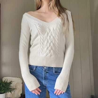 Casual V-neck Sweaters Simple Solid Knitwear Long Sleeve Tops Autumn Winter All-match Slim Fit Pullovers Sweet Homewear