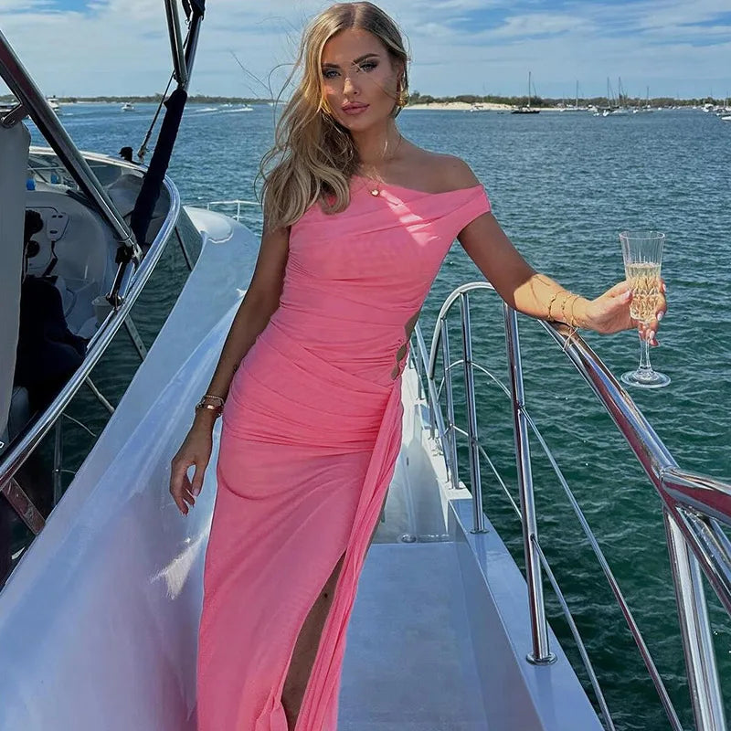 Women's 2024 Spring/Summer New Temperament Slant Shoulder Long Dress Sexy Side Split Dress