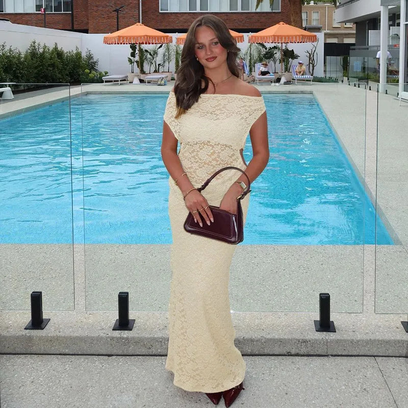 Off Shoulder Floral Lace Asymmetric Neckline Bodycon Maxi Dress