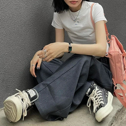 Solid Draped Wide Leg Suit Pants Women Pleated Stitch Pockets Loose High Waist Gray Casual Trousers Cleanfit OL Streetwear