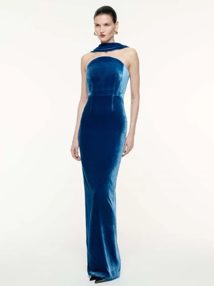 Velvet Halter Collar Strapless Bodycon Maxi Gown