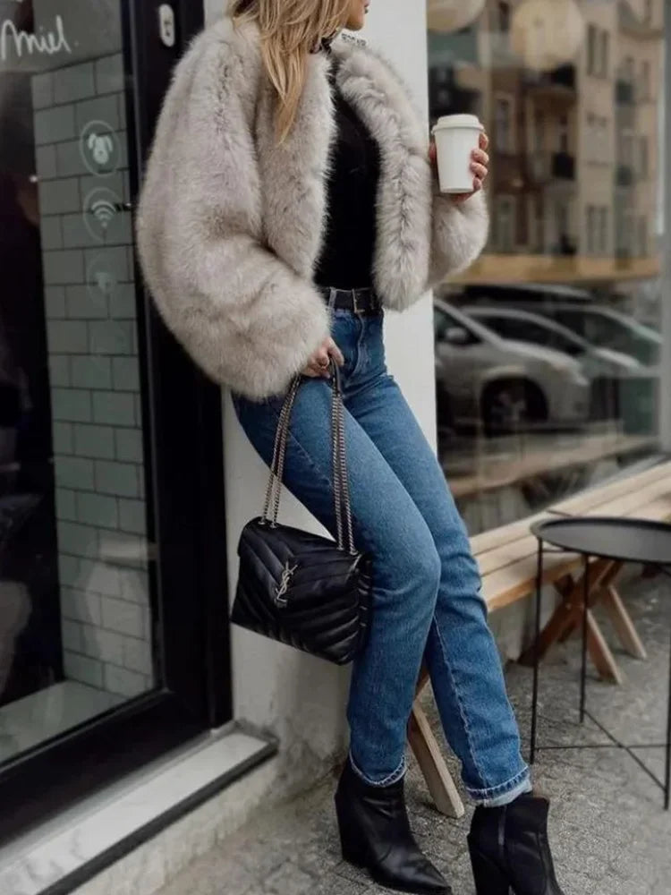 Fashion Faux Fur Jacket Coat Women Streetwear Warm Fluffy Solid Loose Long Sleeve V Neck Female Cardigan Winter Outwear