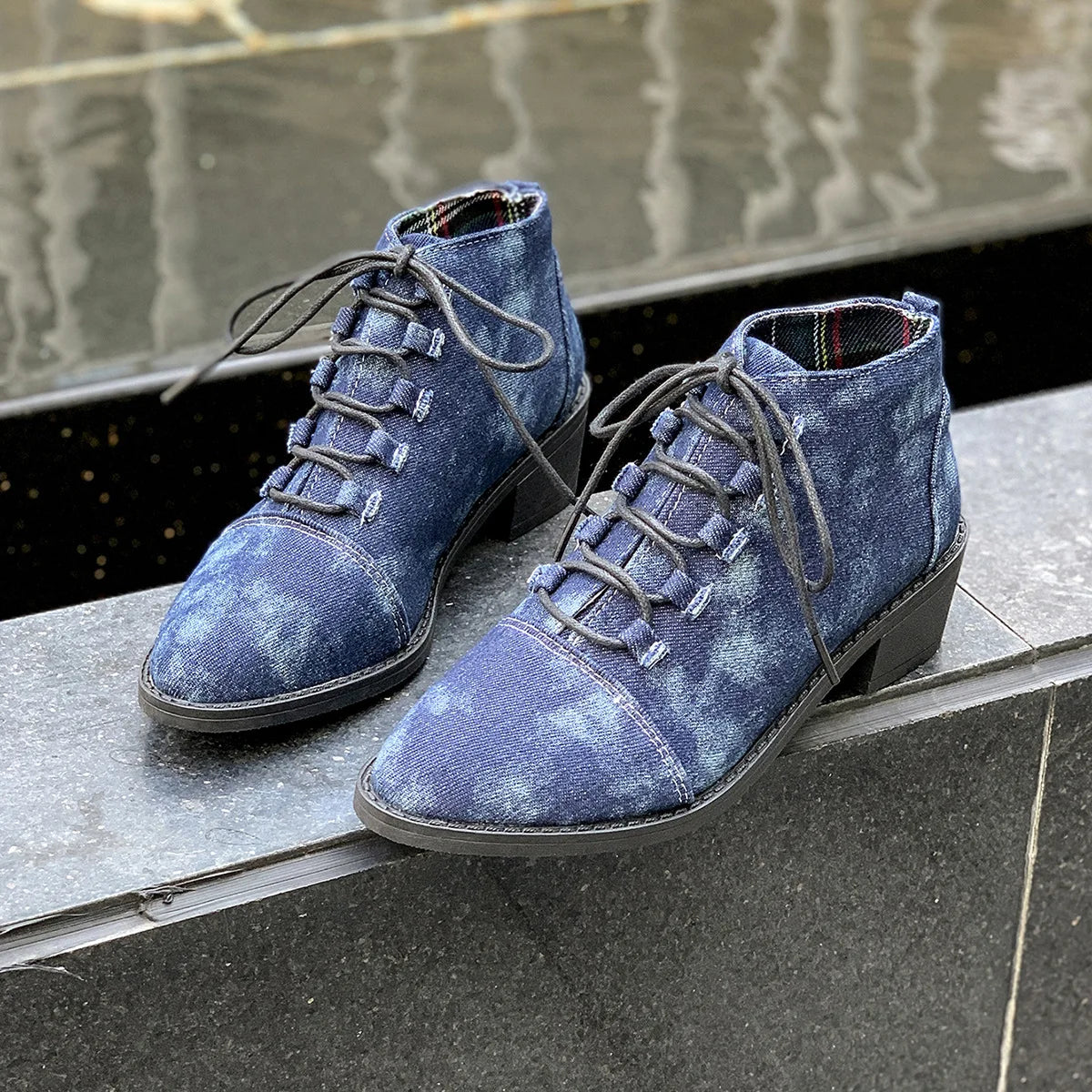 Womens Pointed Toe Denim Jeans Ankle Boots Lace Up Chunky Heel Casual Motorcycle Shoes Retro Plus Size NEW