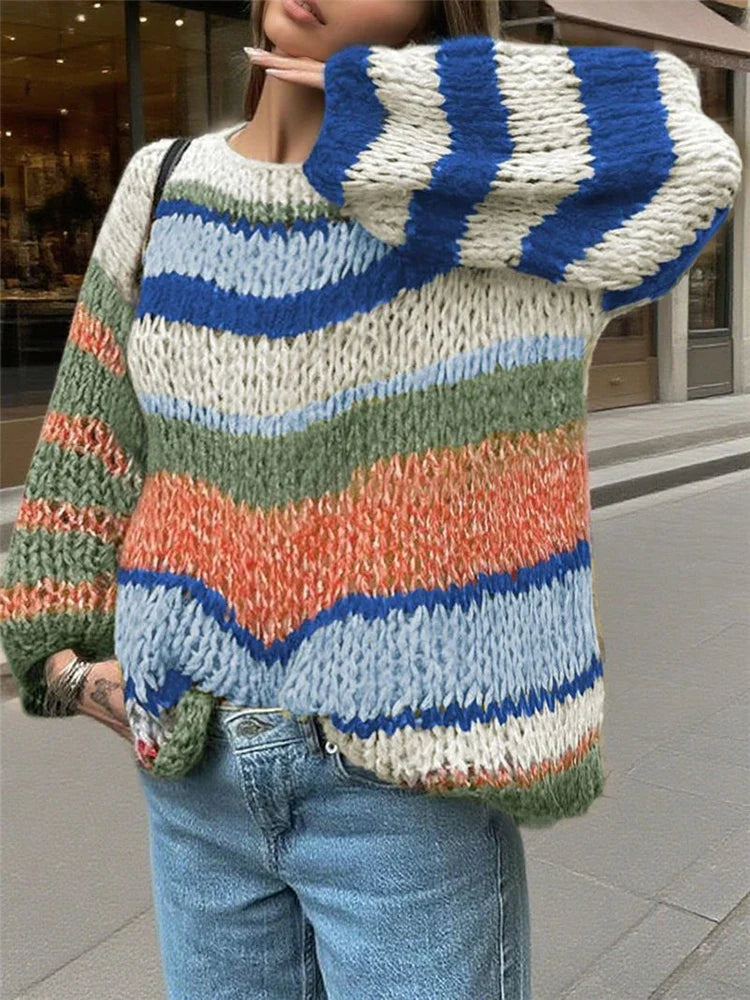 Autumn Winter New Lady Commuting Jumpers Fashion Rainbow Stripe Printed Knitted Pullovers Casual Long Sleeve Hollow Out Sweater