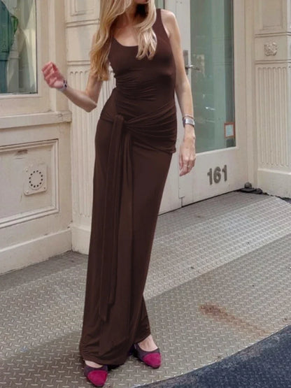 Elegant U-Neck Sleeveless Bodycon Long Dress Women's Solid Color Ribbon Tie-up Ruched Slim Maxi Dress for Date Night Party
