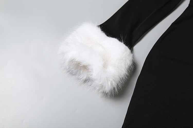 Puss Elegant Banquet Dress Women Furry Patchwork Diagonal Collar Classic Trend Split Hem Full Sleeve Party Club Vestidos