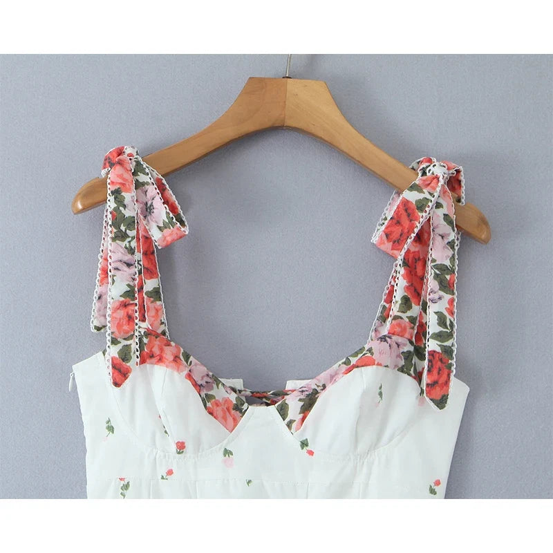 Flower Print Patchwork White Sling Elegant Dress Women Lace Up Bandage Back A-line Summer Dresses Chic Lady Holiday Robe 2025