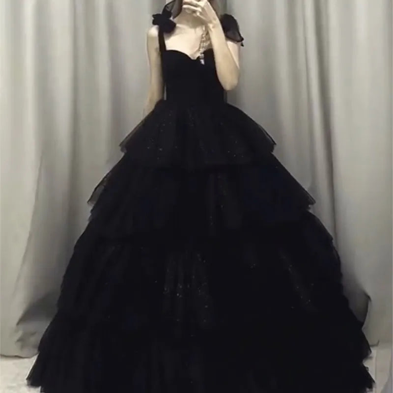 Black Women's New Adult Ceremony Art Exam Graduation Light Luxury Minority Strap Bubble Dress