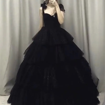 Black Women's New Adult Ceremony Art Exam Graduation Light Luxury Minority Strap Bubble Dress