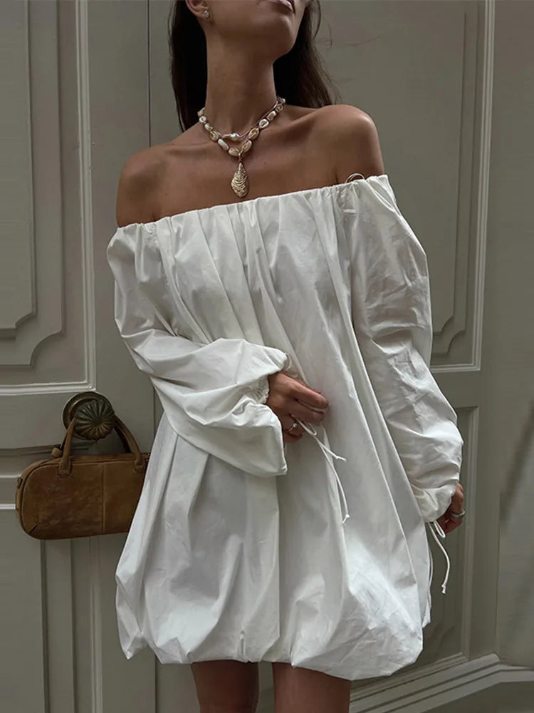 Boat Neck Backless Dress Woman Pleats Solid Color Loose Short Floral Bud Dresses Casual Versatile Fashion Women's Chic New Dress