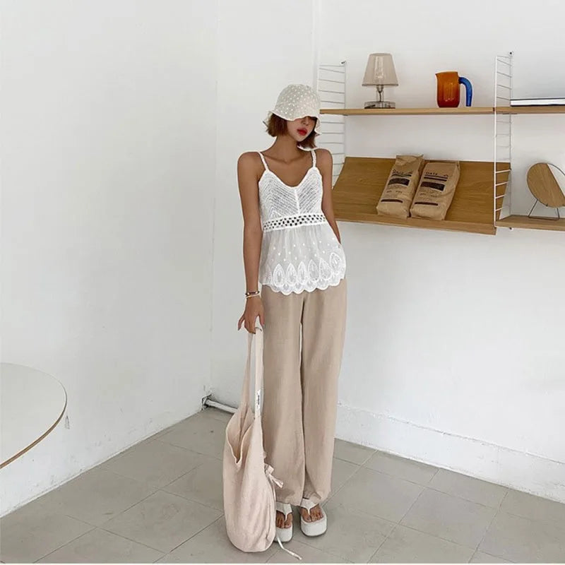 Summer Korean Authentic Sexy Hanging Strap Hollow Hook Flower Spliced Cotton Cloth Hanging Strap Temperament Tank Top for Women