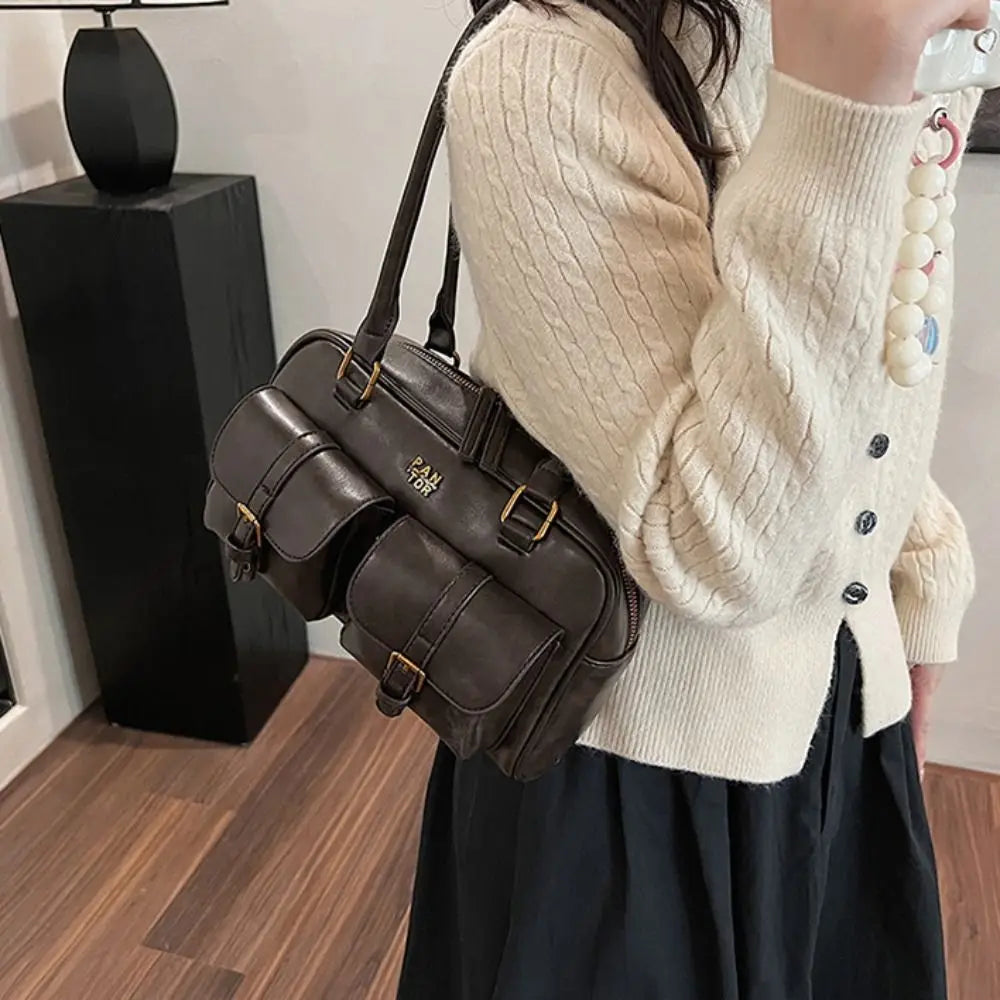 Fashion PU Leather Boston Shoulder Bag Large Capacity with Multi-Pockets Underarm Bag Solid Clutch Purse Girl