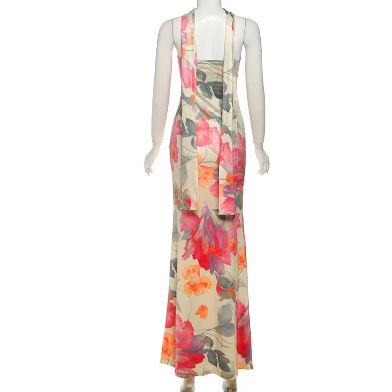 Women Sexy Floral Print Strapless Bodycon Maxi Dress with Ribbon Scarf Sleeveless Backless Slim Party Long Robe Holiday Outfits