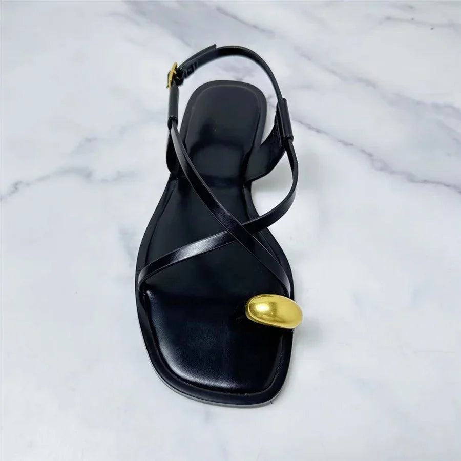White Women Sandals Designer Cross Straps Flat Shoes Woman Summer Beach Sandalias Mujer Holiday Flip Flops Metal Decor Flats