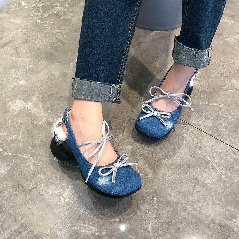 Mary Jane Shoes Women's Spring/summer New Fashion Denim Blue Round Head Thick Sole Buckle Single Shoes