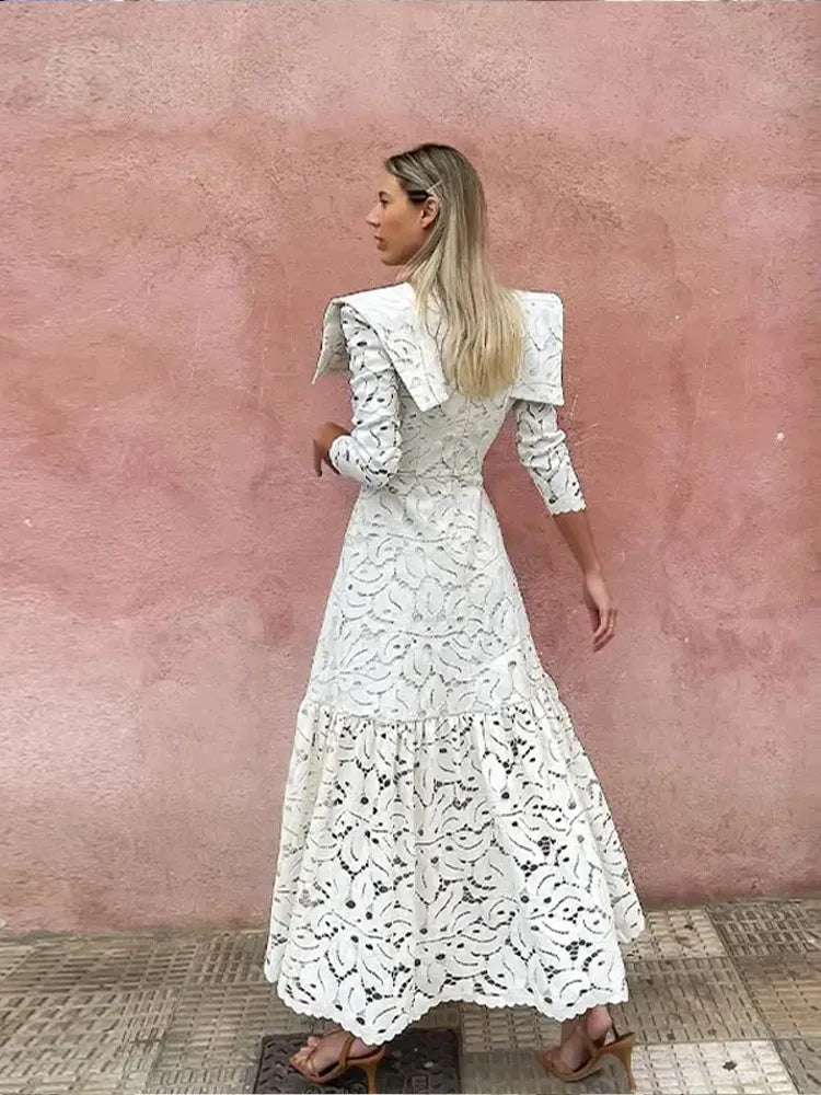 Lace Crochet Long Dress Hollow Out Small Cape Stand Collar Slim Fit Waist Cinched Cloak Beach Dresses Solid Color Elegant Robes