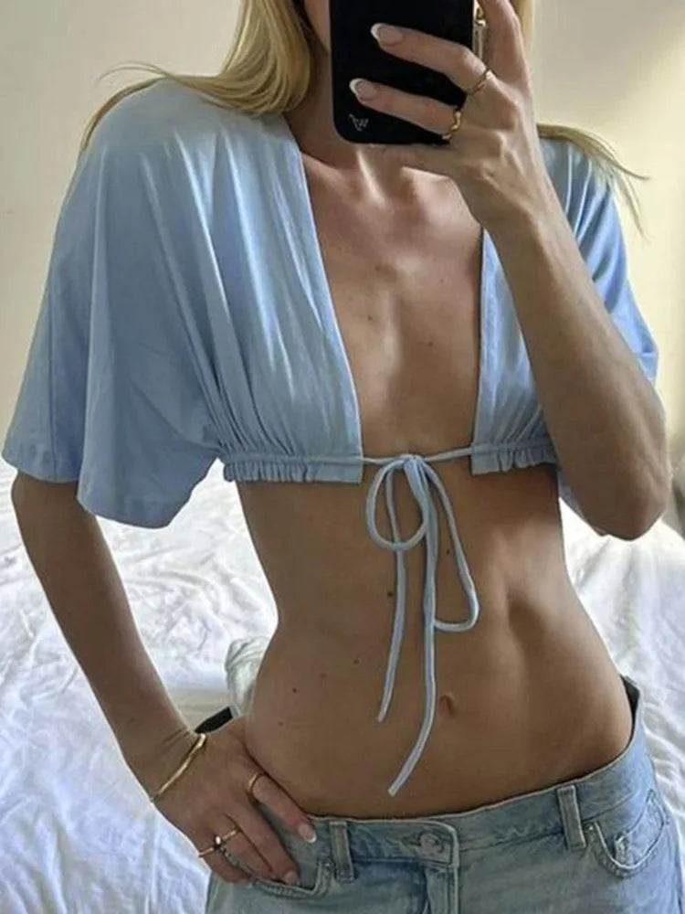 Women Deep V Neck Lace Up Crop Top Puff Sleeve Short T Shirt Tie Front Ruched Hem Y2K Casual Beach Vacation Outfit