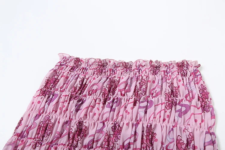 See Through Print Folds 2-Piece Set Women Backless Sleeveless Suspenders+Elasticated Waist Skirts Holiday Matching Suit