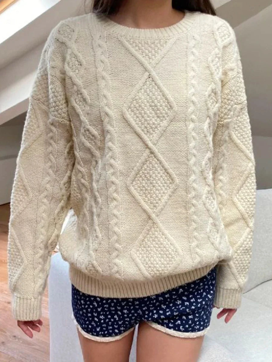 Twisted Flower Beige Thick Sweater Women Autumn O-Neck Loose Knitted Jumpers Sweet Preppy Style Solid Sweet Pullover Sweaters