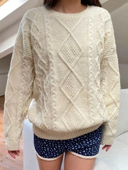 Twisted Flower Beige Thick Sweater Women Autumn O-Neck Loose Knitted Jumpers Sweet Preppy Style Solid Sweet Pullover Sweaters