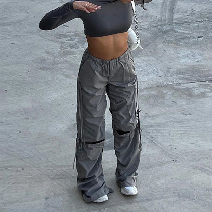 Spring Summer New Women Pleated Cut Out Drawstring Cargo Pants Street Chic Hip-hop High Waist Casual Trendy baggey Trousers