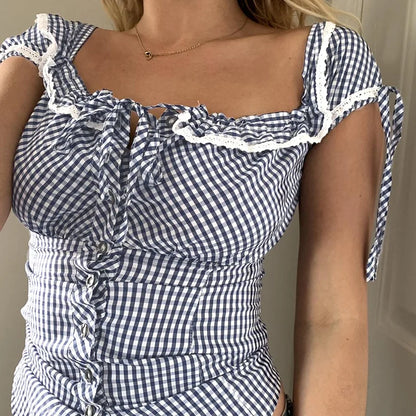 Sweet and spicy retro lace lace patchwork check shirt French daily basic cinched waist style school square neck top