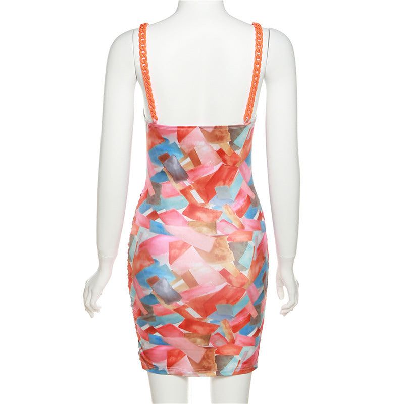 Bustier Corset Abstract Print Chain Strap Ruched Mini Dress