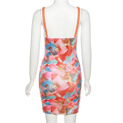 Bustier Corset Abstract Print Chain Strap Ruched Mini Dress