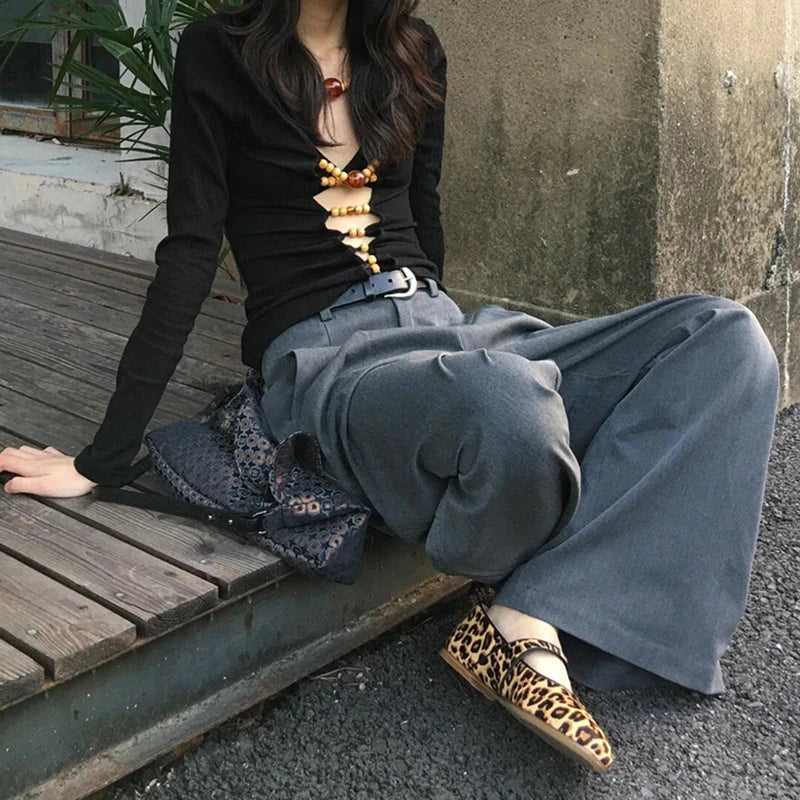 Women Pleated Front Gray Wide Leg Suit Pants Vintage High Rise Pockets Loose Solid Draped Long Trousers Work Casual Clothes