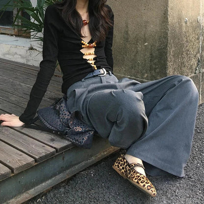 Women Pleated Front Gray Wide Leg Suit Pants Vintage High Rise Pockets Loose Solid Draped Long Trousers Work Casual Clothes