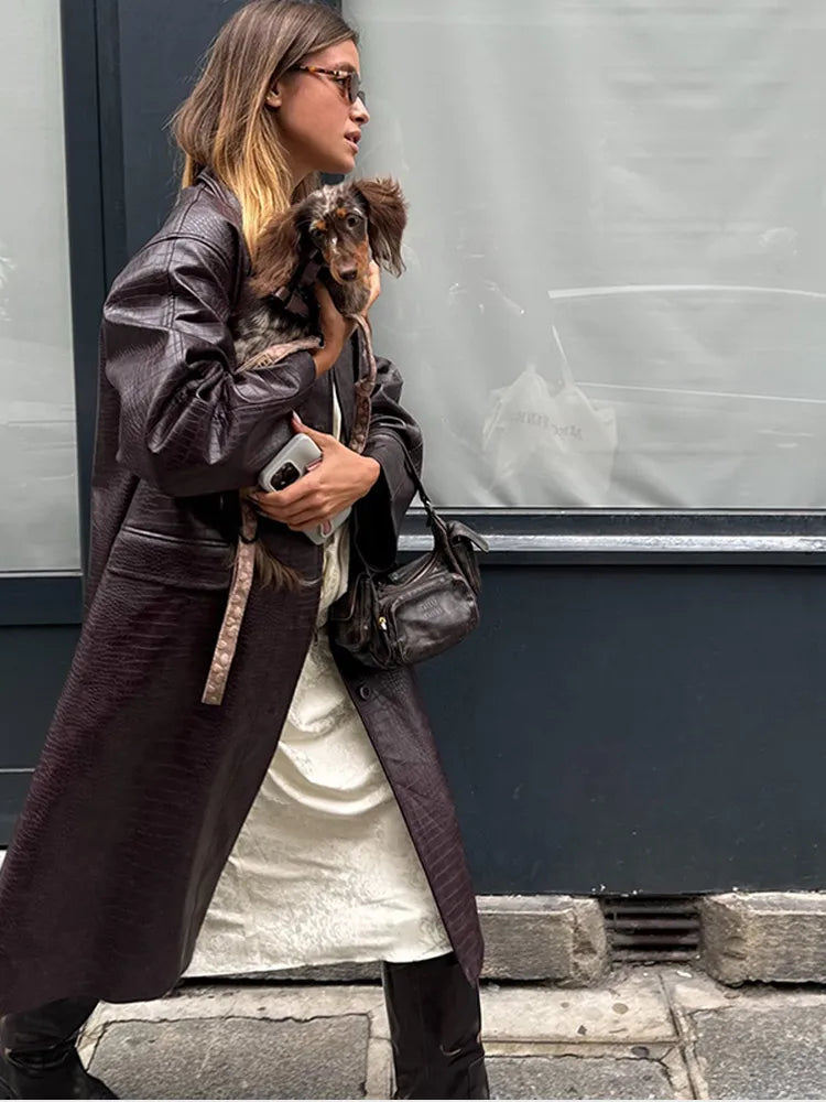 Elegant Burgundy Buttons Litchi Patterned Leather Overcoat Women Fashion Solid Flip Pockets Oversize Jacket Lady Streetwear