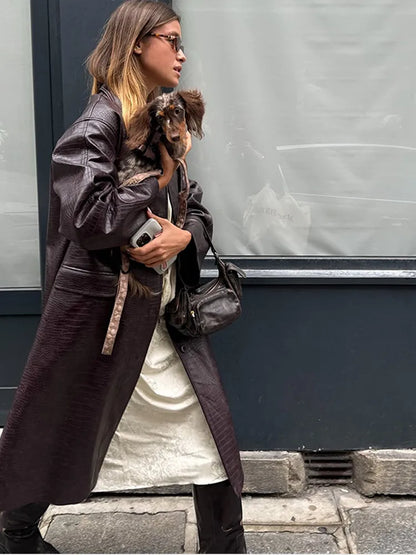 Elegant Burgundy Buttons Litchi Patterned Leather Overcoat Women Fashion Solid Flip Pockets Oversize Jacket Lady Streetwear