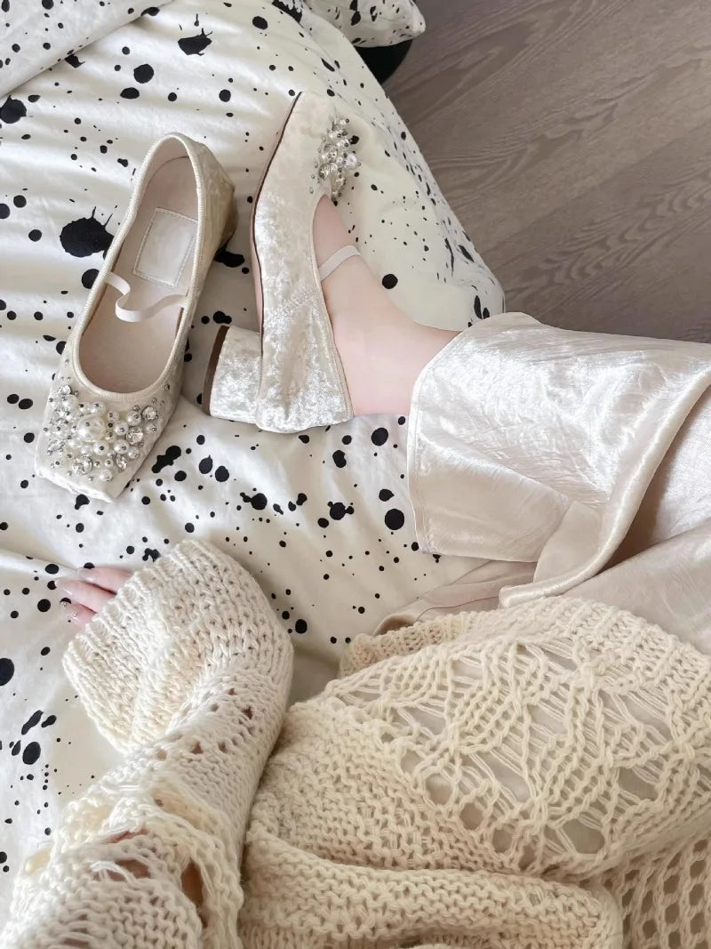 String Bead Chunky Heel Mary Jane Shoes Women Square Toe Elasticized Design Ballet Shoes Elegant Wedding Bridal Designer Pumps