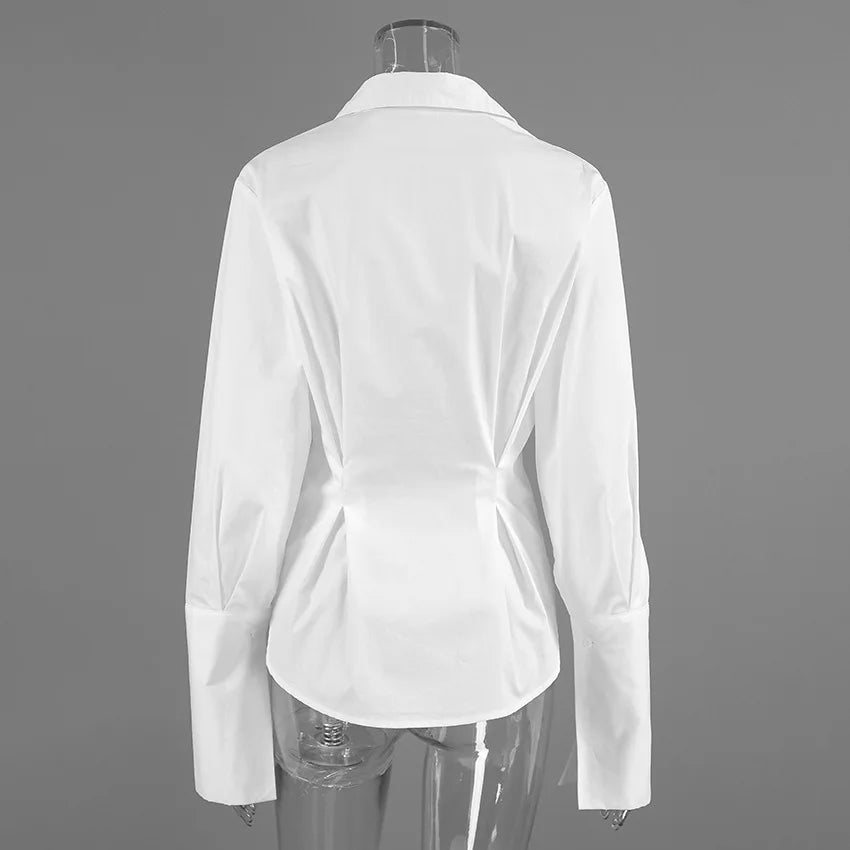Pure cotton shirt for women, high-end, light luxury, versatile, pleated, waist cinching, slim fit, long sleeved, lapel shirt