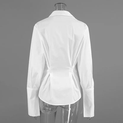 Pure cotton shirt for women, high-end, light luxury, versatile, pleated, waist cinching, slim fit, long sleeved, lapel shirt