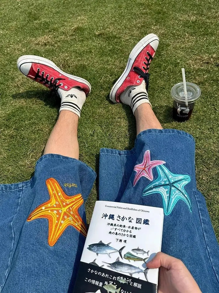 Large Size Retro Creative Star Embroidery Denim Cropped Pants Women's Loose Straight Wide Leg Shorts