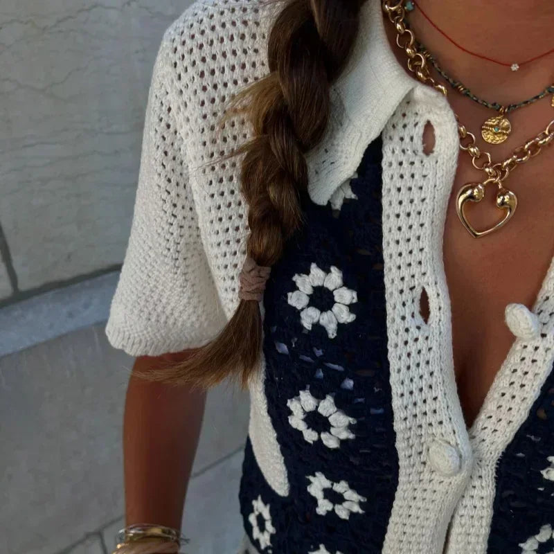 Casual Knitted Floral Cardigan Women Hollow Out Lapel Single Breasted Short Sleeve Sweaters 2024 Autumn New Lady Tops