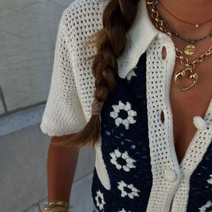 Casual Knitted Floral Cardigan Women Hollow Out Lapel Single Breasted Short Sleeve Sweaters 2024 Autumn New Lady Tops
