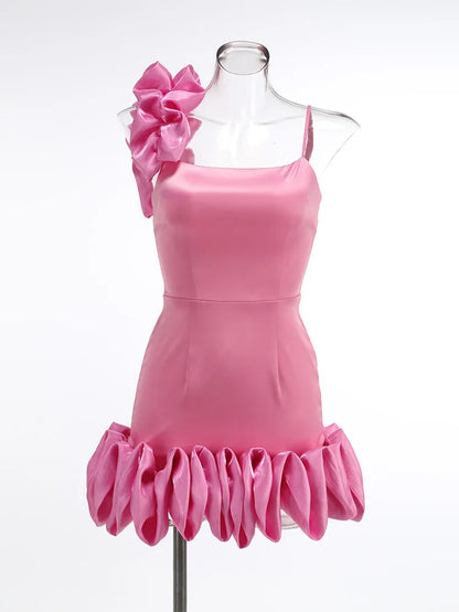 Square Neck One Shoulder Sculptural Ruffle Trim Flared Hem Mini Dress