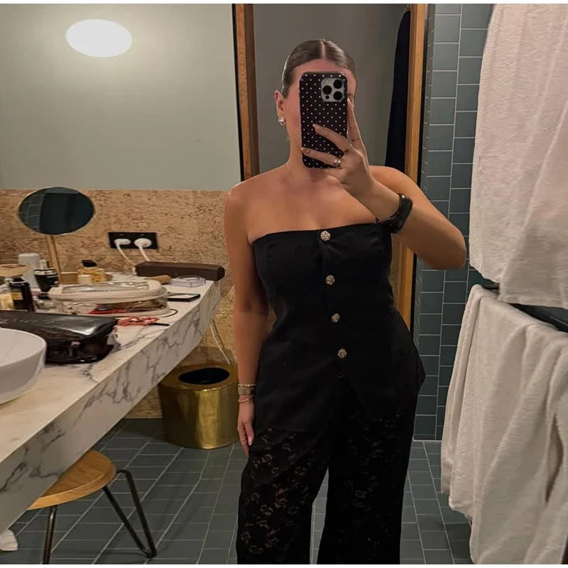 Casual Single Breasted Pants Sets Women Solid Strapless Top High Waist Wide Leg Pant 2025 Spring Summer Lady High Street Outfits