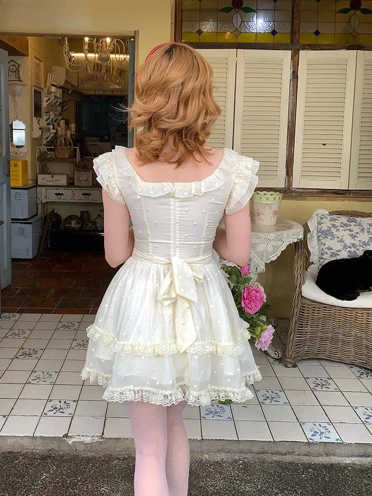 Summer New Original Sweet Girl Vacation Short Dress Fresh High Waist Bow Slimming Lace Small Fly Sleeve Party Dresses