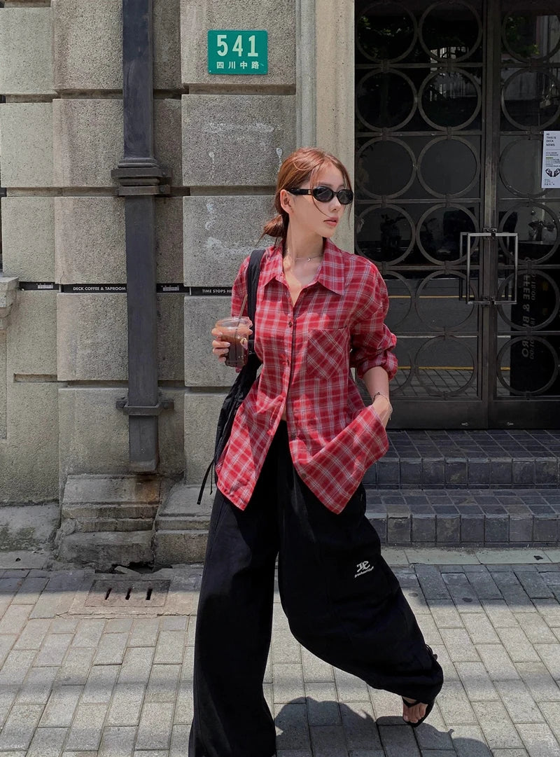 Women's Oversized Check Pocket Detail Shirt