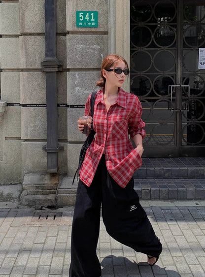 Women's Oversized Check Pocket Detail Shirt