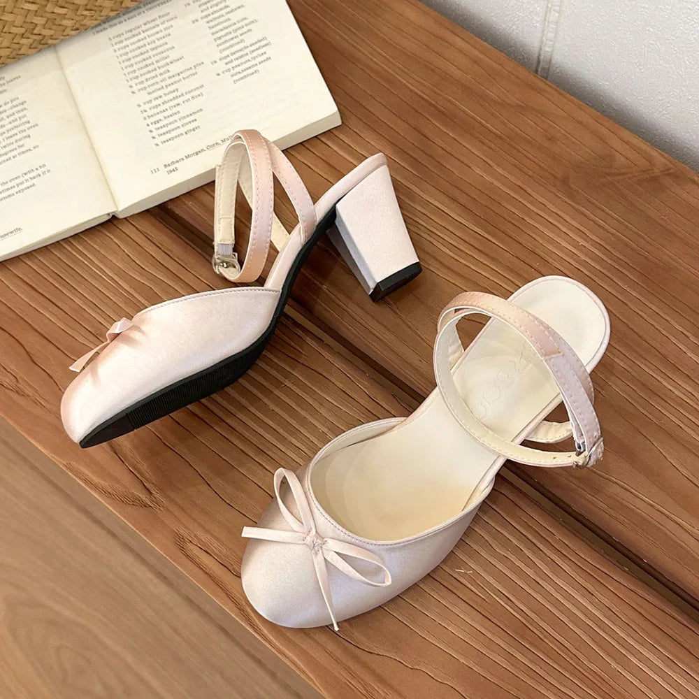 Women's Satin Round Toe Bowknot Block Heel Mary Janes Shoes Ankle Buckle Strap Slingback Pumps Wedding Party High Heels Shoes