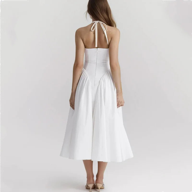 Halter Deep V Drop Waist Gathered Full Skirt Midi Dress