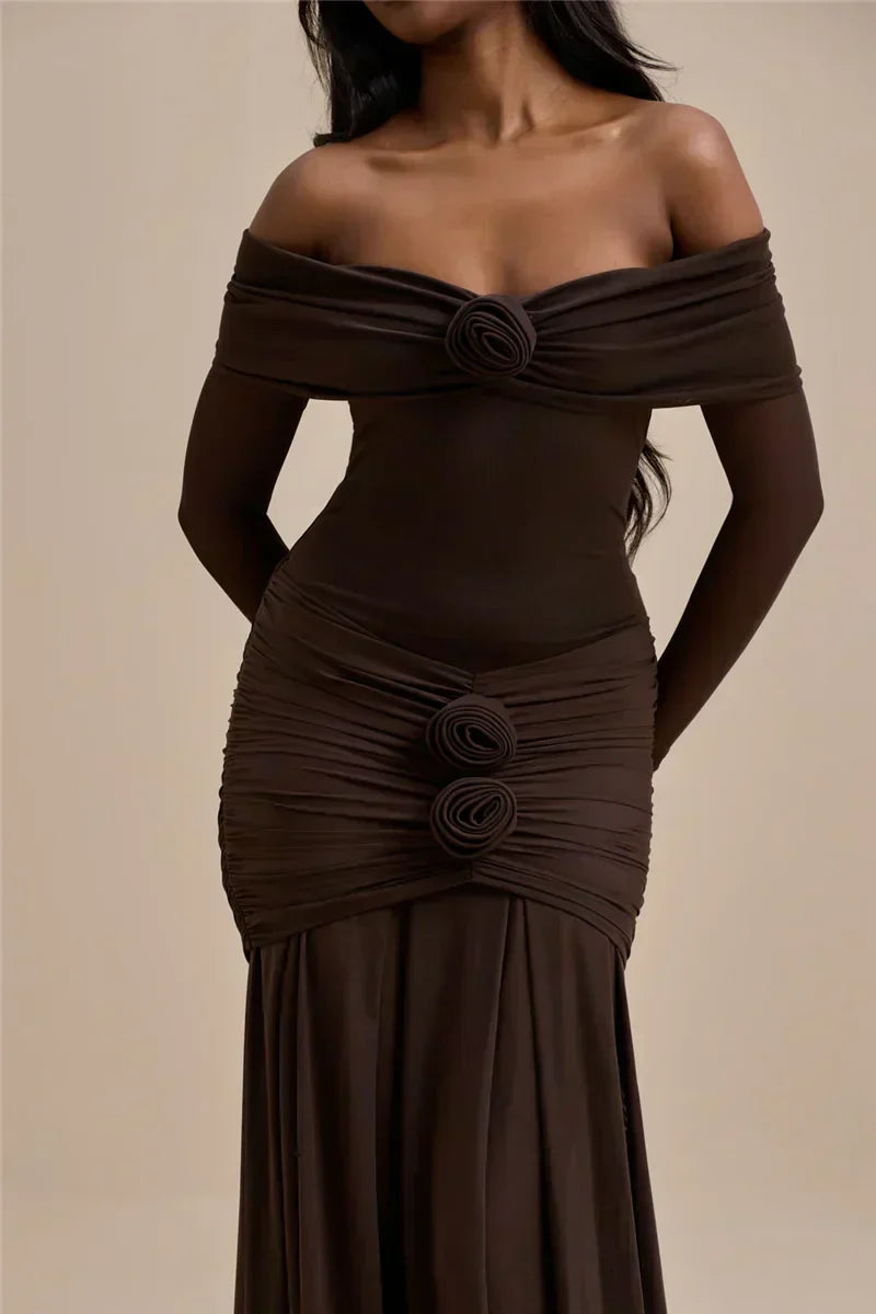 Off Shoulder Mesh Sleeve Ruched Rosette Applique Mermaid Maxi Dress