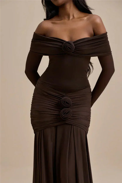 Off Shoulder Mesh Sleeve Ruched Rosette Applique Mermaid Maxi Dress