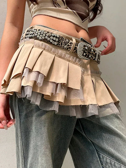 Rhinestone Belts Sexy Y2K Irregular Layered Mesh Cargo Skirts for Womens Summer Fashion High Waist Micro Mini Skirt Female